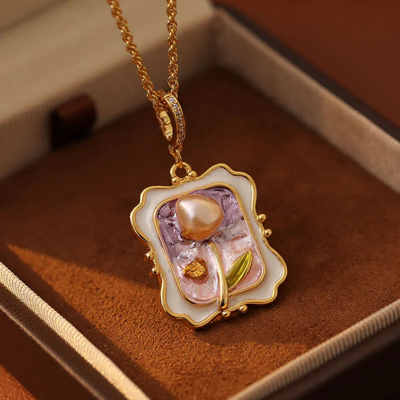 Buddha Stones Flower Oil Painting Pearl Copper Healing Necklace Pendant