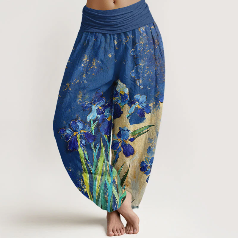 Buddha Stones Irises Pattern Pure Cotton Women's Elastic Waist Harem Pants